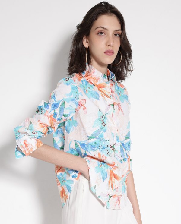 Off-White Cuffed Sleeve Collared Collar Button Relaxed Fit Floral Print Top