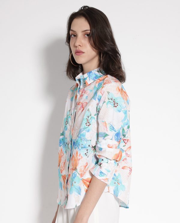 Off-White Cuffed Sleeve Collared Collar Button Relaxed Fit Floral Print Top