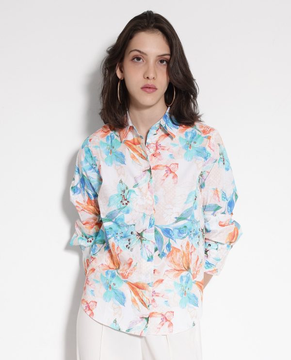 Off-White Cuffed Sleeve Collared Collar Button Relaxed Fit Floral Print Top