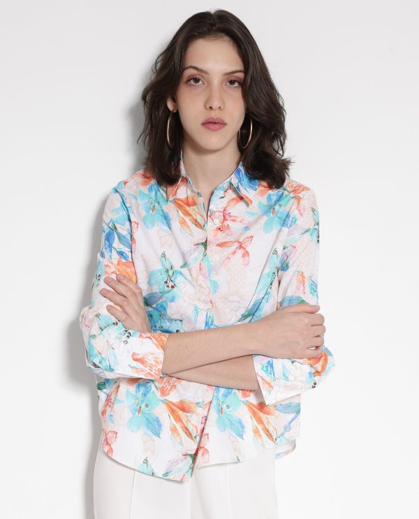 Off-White Cuffed Sleeve Collared Collar Button Relaxed Fit Floral Print Top