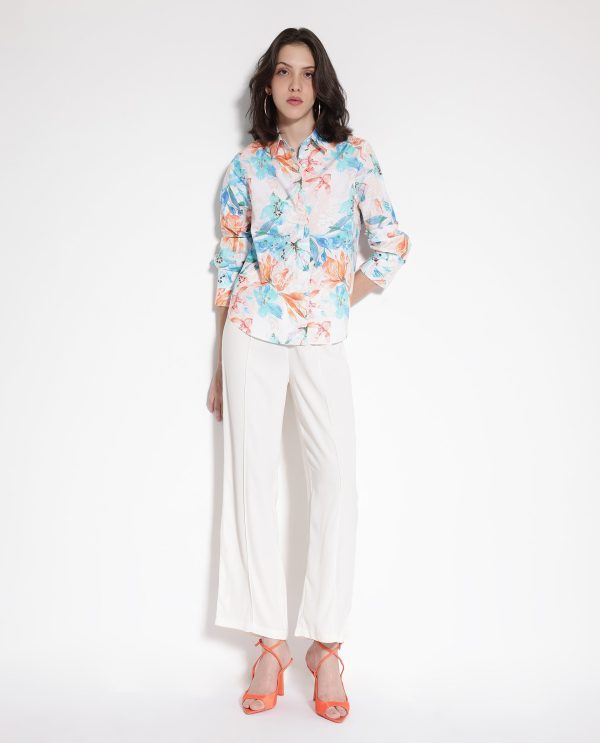 Off-White Cuffed Sleeve Collared Collar Button Relaxed Fit Floral Print Top