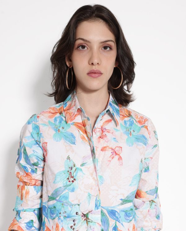 Off-White Cuffed Sleeve Collared Collar Button Relaxed Fit Floral Print Top