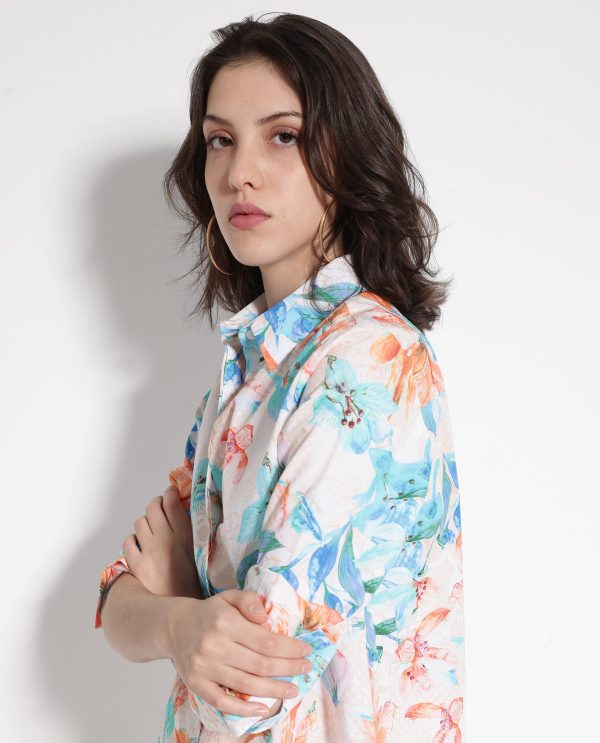 Off-White Cuffed Sleeve Collared Collar Button Relaxed Fit Floral Print Top