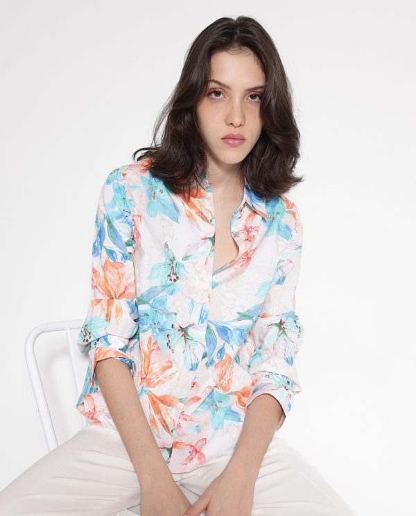 Off-White Cuffed Sleeve Collared Collar Button Relaxed Fit Floral Print Top