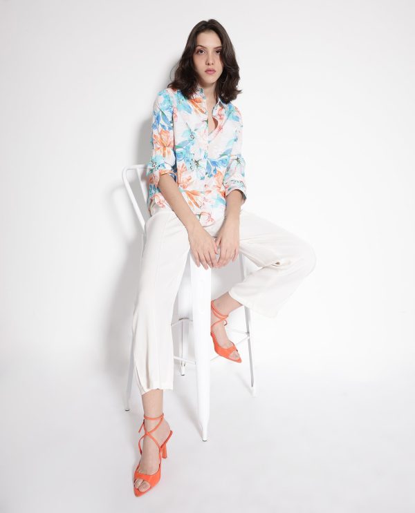 Off-White Cuffed Sleeve Collared Collar Button Relaxed Fit Floral Print Top