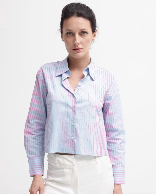 Light Purple Cotton Fabric Full Sleeve Collared Neck Button Closure Stripe Cropped Fit Shirt