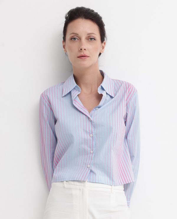 Light Purple Cotton Fabric Full Sleeve Collared Neck Button Closure Stripe Cropped Fit Shirt