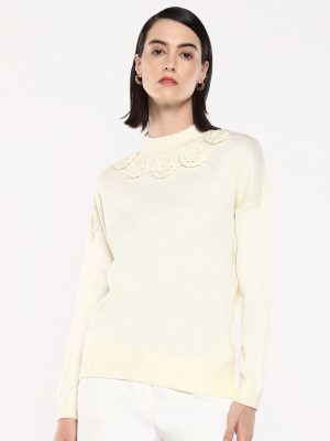 Off-White Acrylic Fabric Relaxed Fit Plain Sweater