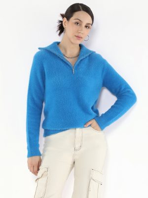 Blue Plain High Neck Plain Sweater