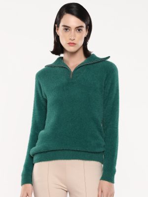 Green Full Sleeve High Neck Plain Sweater