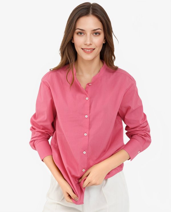 Light Pink Cotton Fabric Mandarin Collar Solid Shirt