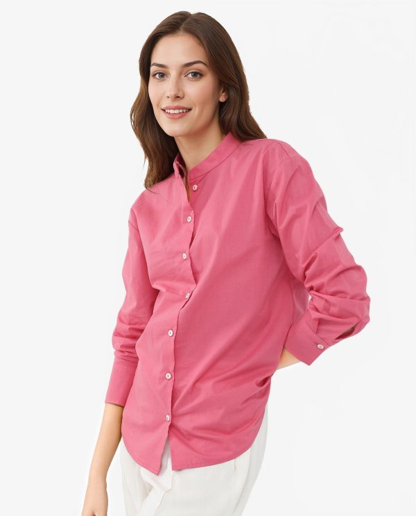 Light Pink Cotton Fabric Mandarin Collar Solid Shirt