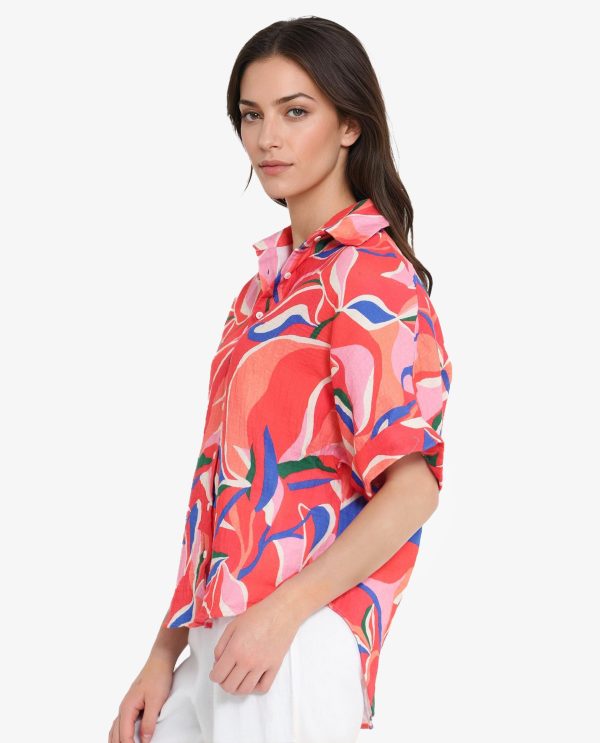 Multicolor Short Sleeve Tie-Up Neck Button Closure Abstract Print Shirt