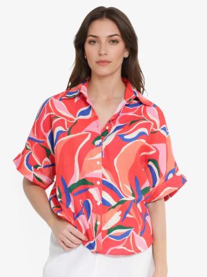 Multicolor Short Sleeve Tie-Up Neck Button Closure Abstract Print Shirt