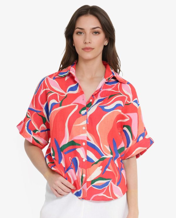 Multicolor Short Sleeve Tie-Up Neck Button Closure Abstract Print Shirt