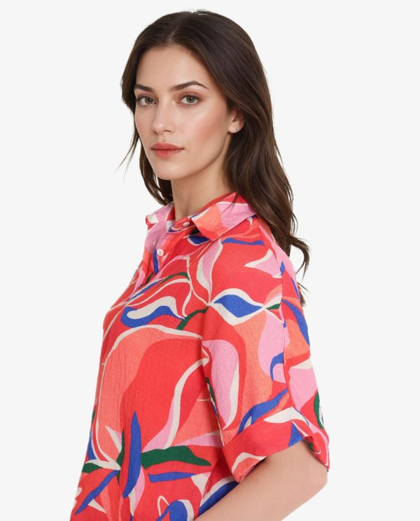 Multicolor Short Sleeve Tie-Up Neck Button Closure Abstract Print Shirt