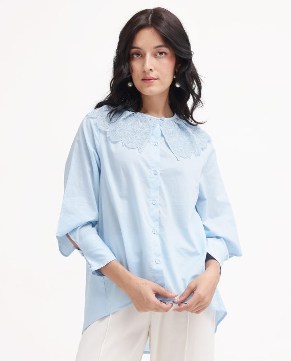 Light Blue Cotton Fabric Collared Neck Solid Regular Fit Shirt