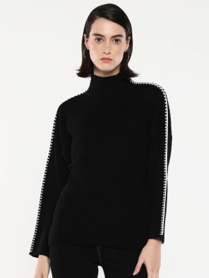 Black Acrylic Fabric Relaxed Fit Plain Sweater