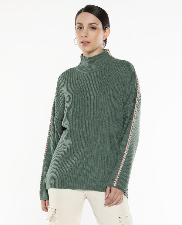 Olive Acrylic Fabric Relaxed Fit Plain Sweater