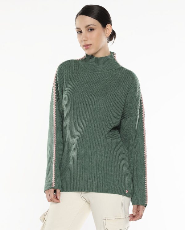 Olive Acrylic Fabric Relaxed Fit Plain Sweater
