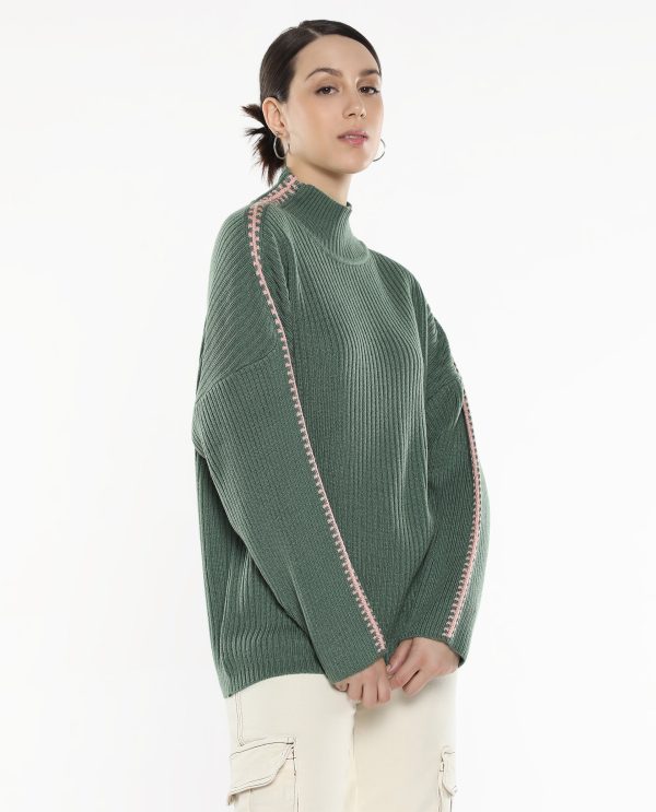 Olive Acrylic Fabric Relaxed Fit Plain Sweater