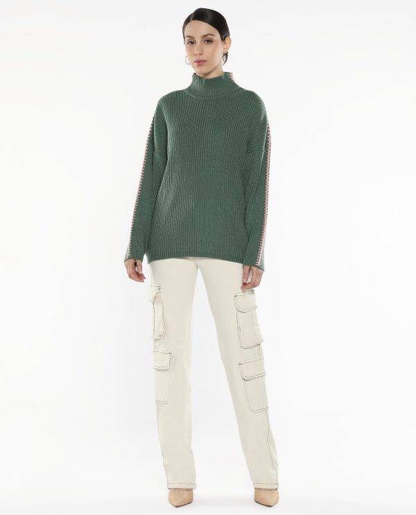 Olive Acrylic Fabric Relaxed Fit Plain Sweater
