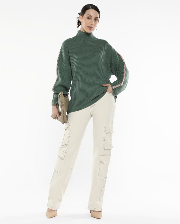 Olive Acrylic Fabric Relaxed Fit Plain Sweater