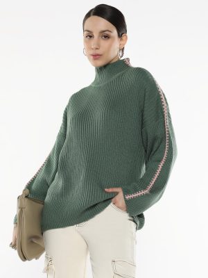 Olive Acrylic Fabric Relaxed Fit Plain Sweater