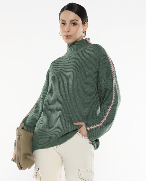 Olive Acrylic Fabric Relaxed Fit Plain Sweater