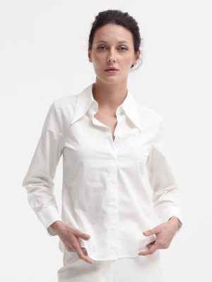 White Cuffed Sleeve Collared Neck Plain Top