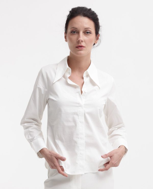 White Cuffed Sleeve Collared Neck Plain Top