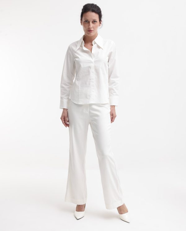 White Cuffed Sleeve Collared Neck Plain Top