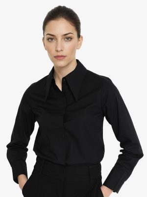 Black Cuffed Sleeve Collared Neck Plain Shirt