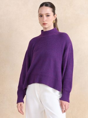 Purple Oversized Fit Plain Sweater