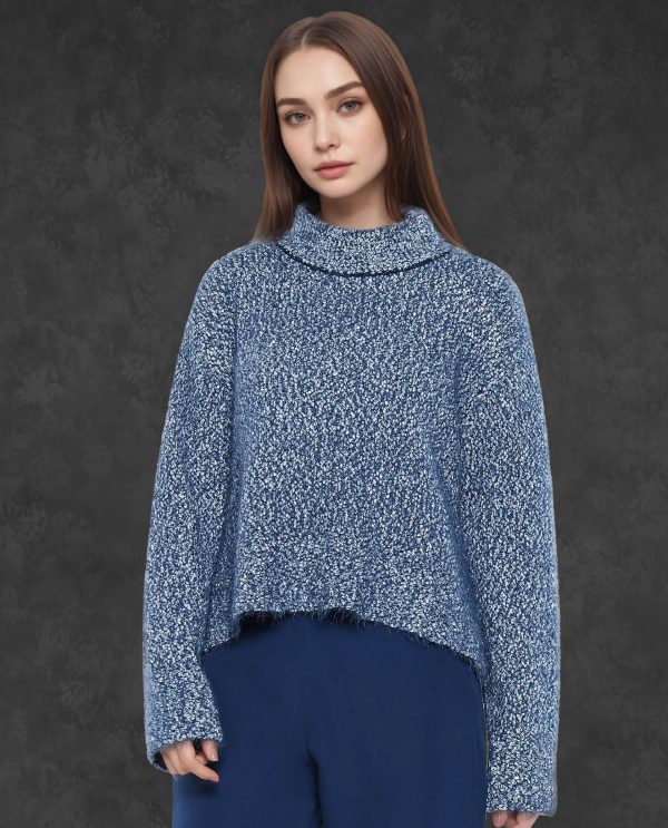 Blue Polyester Nylon Fabric Oversized Fit Plain Sweater