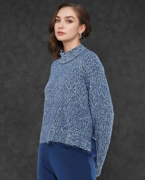 Blue Polyester Nylon Fabric Oversized Fit Plain Sweater