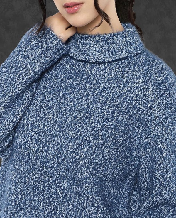 Blue Polyester Nylon Fabric Oversized Fit Plain Sweater