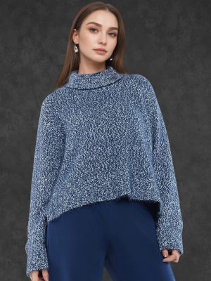 Blue Polyester Nylon Fabric Oversized Fit Plain Sweater