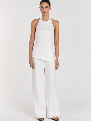 White Linen Elastic Waist Pants