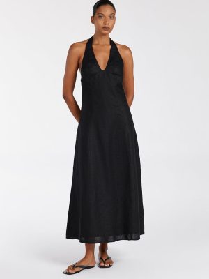 Black Halter Linen Dress