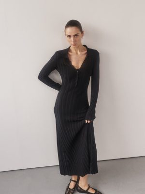 Black Polo Knit Midi Dress