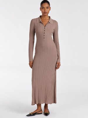 Taupe Polo Knit Midi Dress