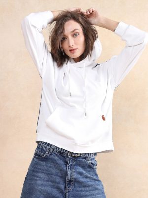 White Cotton Blend Fabric Full Sleeve Hooded Relaxed Fit Plain Sweatshirt