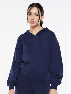 Navy Plain Hooded Plain Sweater