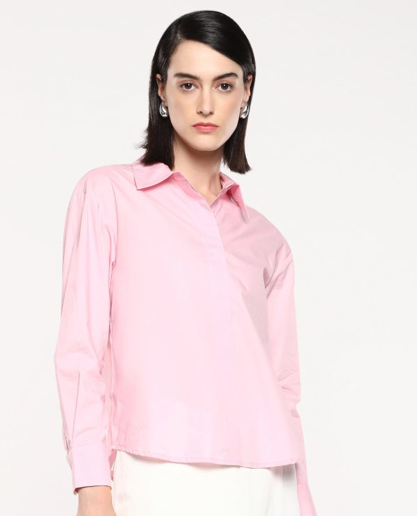 Pink Cuffed Sleeve Collared Neck Button Closure Plain Shirt