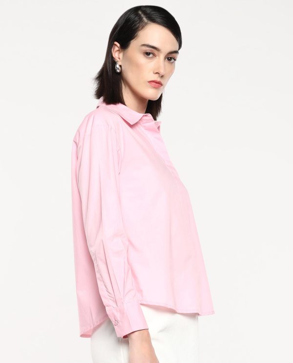 Pink Cuffed Sleeve Collared Neck Button Closure Plain Shirt