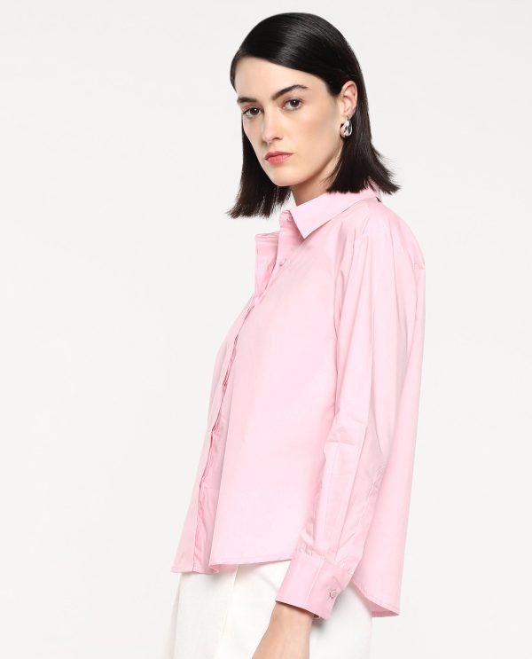 Pink Cuffed Sleeve Collared Neck Button Closure Plain Shirt