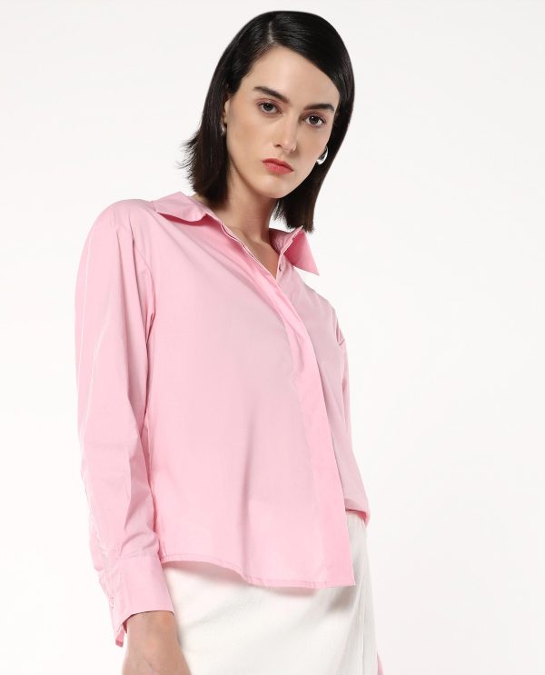 Pink Cuffed Sleeve Collared Neck Button Closure Plain Shirt