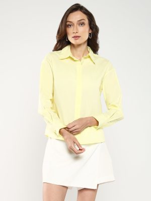 Cuffed Sleeve Collared Neck Button Closure Plain Shirt