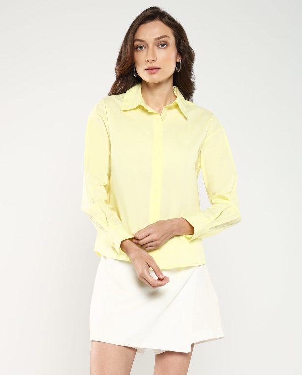 Cuffed Sleeve Collared Neck Button Closure Plain Shirt